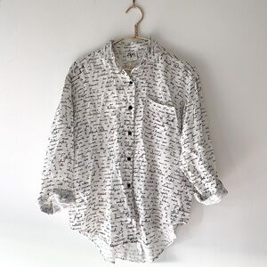 Calligraphy Print Black & White Byer California Oversized Loose Button Down Top